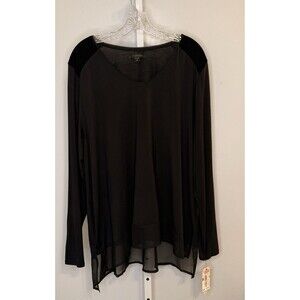 Donna Karan Women 3X Black Long Sleeve Loungewear Top Sheer Hem Velvet Shoulder